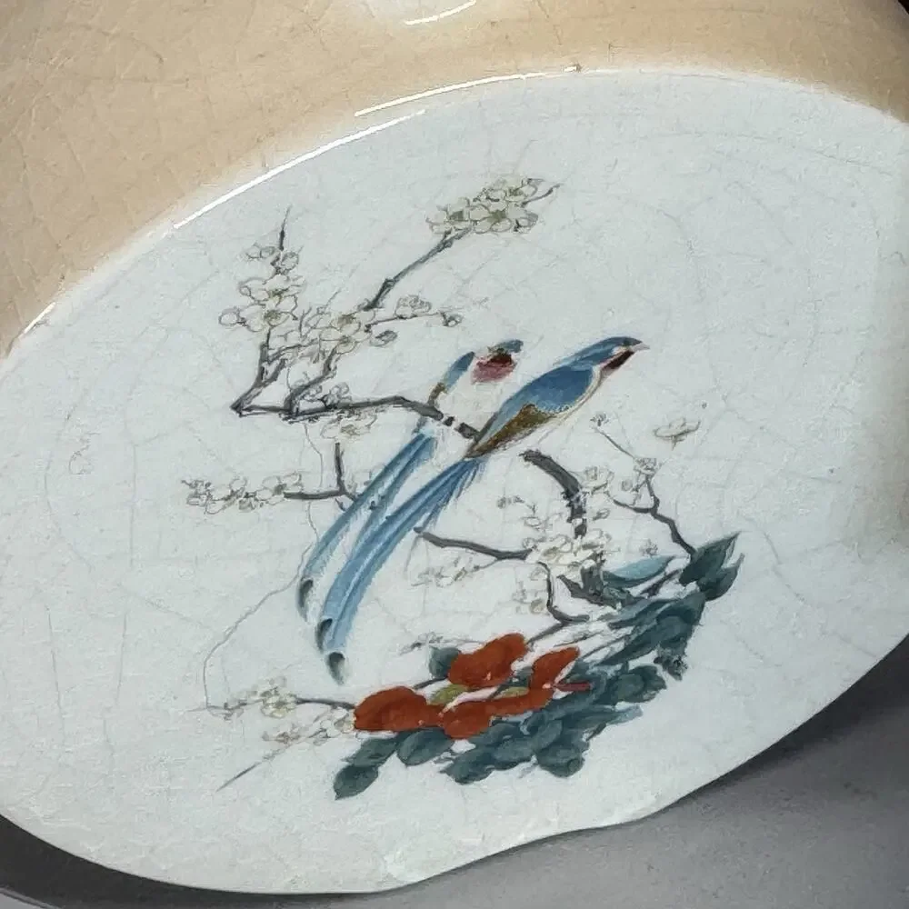Set of 2 Vtg Treasure Craft Crackle Small Vases Birds Asian Flowers MCM USA Made
